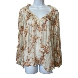 MOON River Floral Print Ruffle Trim Detail Long Sleeve Top